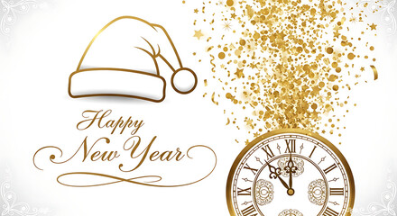 Elegant Golden New Year's Celebration Illustration with Vintage Clock Countdown, Festive Confetti Burst, and Stylish Santa Hat Design on a White Background