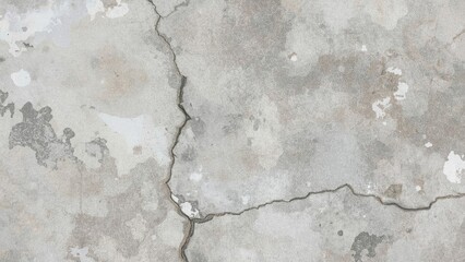 Naklejka premium Cracked and weathered concrete surface with visible fractures and peeling paint.