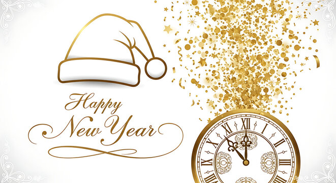 Elegant Golden New Year's Celebration Illustration with Vintage Clock Countdown, Festive Confetti Burst, and Stylish Santa Hat Design on a White Background