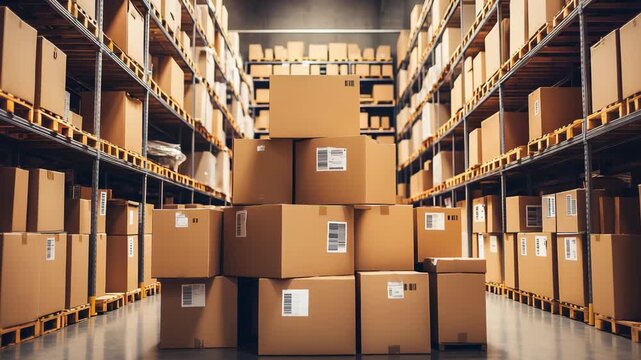 A large warehouse features numerous stacks of cardboard boxes neatly arranged on wooden pallets, showcasing an efficient storage system