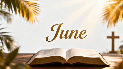 Sacred Month of June: An open Bible bathed in divine sunlight rests on a wooden surface, with the word June artfully scripted across. A symbol of faith and hope. 