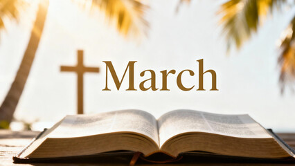 March and Faith: An open book lies beneath a cross, signifying faith and spirituality, enhanced by the warm glow of the sun, celebrating the essence of March.