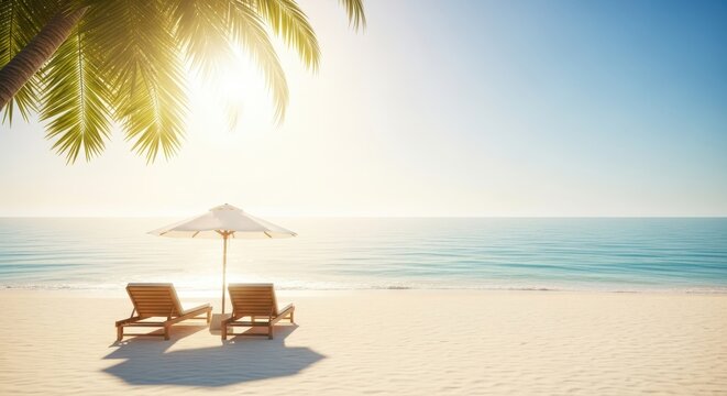 Serene tropical beach scene with two empty lounge chairs and a white umbrella under a swaying palm tree, bathed in warm sunlight with a calm turquoise ocean and clear blue sky