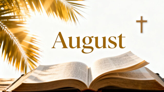 August and Faith: An open book lies beneath a cross, signifying faith and spirituality, enhanced by the warm glow of the sun