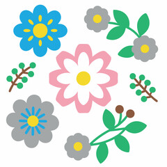 Collection of colorful cartoon flowers and green leaves on a white background.