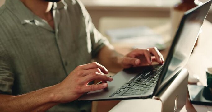 Remote work, typing and hands of man on laptop for article, website content and copywriting. Freelancer, home and person on computer for online publishing, editing news review and magazine story