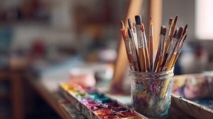 Fototapeta premium jar with paint and brushes on a colored artistic background, art, creative, gouache, oil, acrylic, watercolor, strokes, stains, illustration, wall, table, studio, artist’s workshop