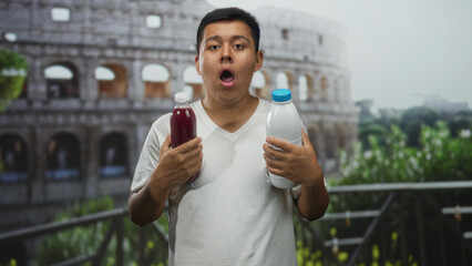 Hispanic man holding two bottles with hands and face visible in front of colosseum building wearing...