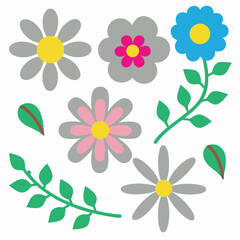 Collection of colorful cartoon flowers and green leaves on a white background.