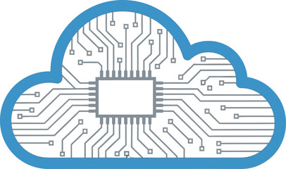 Digital cloud computing technology symbol with integrated circuit chip inside representing data storage and global network connectivity isolated on white background