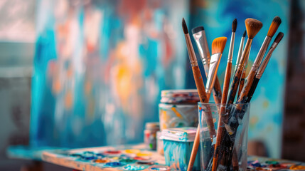 	
jar with paint and brushes on a colored artistic background, art, creative, gouache, oil, acrylic, watercolor, strokes, stains, illustration, wall, table, studio, artist&rsquo;s workshop