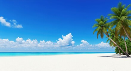 Obraz premium A breathtaking view of a pristine white sand beach meeting the crystalclear turquoise ocean under a vast, bright blue sky dotted with white, fluffy clouds and lush green palm trees