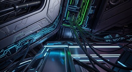 Low angle view of a futuristic, metallic structure with illuminated cables, pipes, and panels creating a complex network of technology.