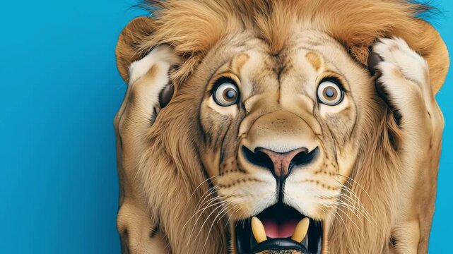 A lion displays a shocked expression while its paws grip its head against a vibrant blue backdrop