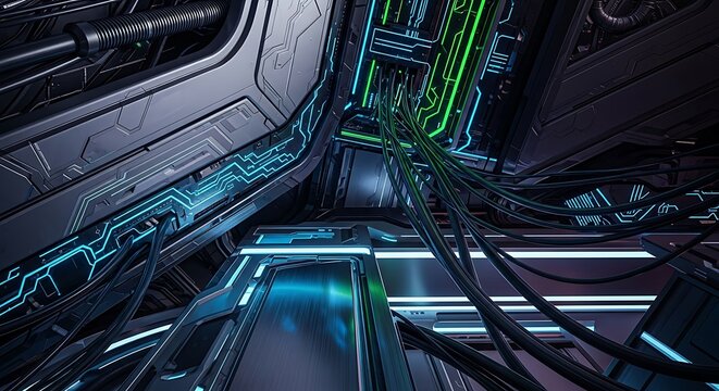 Low angle view of a futuristic, metallic structure with illuminated cables, pipes, and panels creating a complex network of technology.