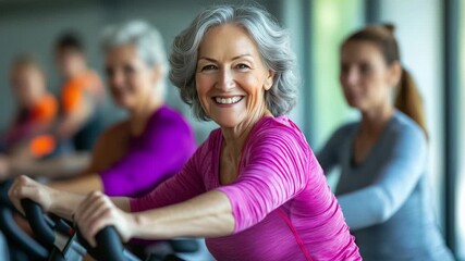 Senior women participate in a lively group cycling class at a gym, focusing on fitness and community