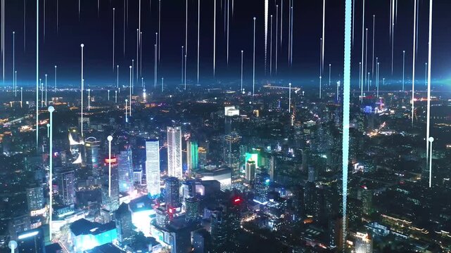 Smart city dot point connect with gradient line Skyline Futuristic Network Background Video.