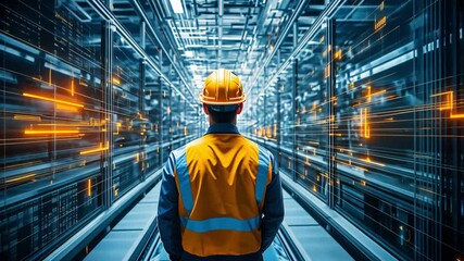 A worker in safety gear looks toward a high tech automated warehouse filled with glowing data streams at night - Powered by Adobe