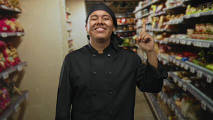 Man chef in black uniform points finger up in supermarket grocery aisle building while smiling at camera and gesturing to shelves; pride.