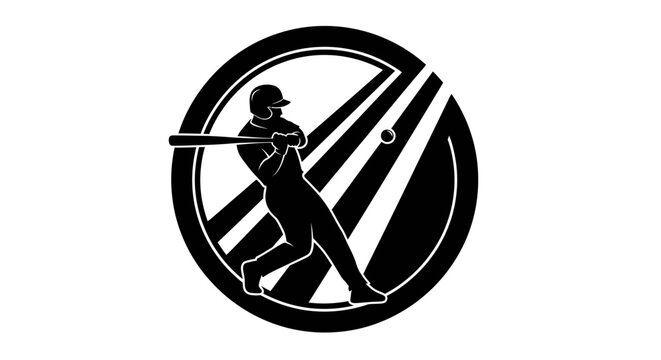 Silhouette of a baseball player swinging a bat at a ball within a circular emblem.