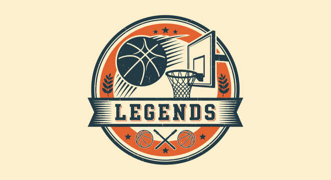 Vintage basketball sports logo featuring a ball, hoop, and net, with a 'LEGENDS' banner and crossed rackets in a circular design.