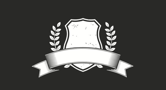 Vintage emblem with shield, laurel wreath, and ribbon banner on dark background.