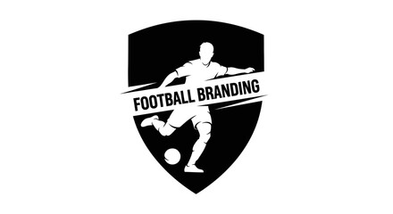 Black and white logo featuring a soccer player kicking a ball inside a shield shape with the words 'FOOTBALL BRANDING'.