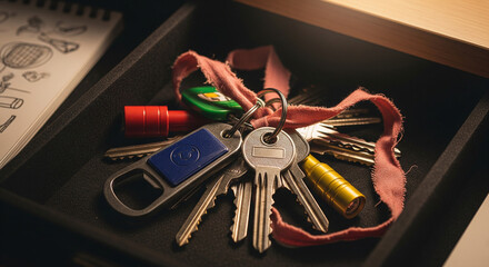 A Cluttered Drawer Holds Essential House and Car Keys
A close-up, dimly lit, high-angle shot captures a bundle of various house and car keys resting inside a dark drawer or storage tray