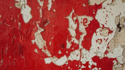 Peeling red and white paint on an old wall. Weathered and chipped surface. Rustic and textured appearance.