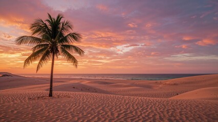 Tropical beach with palm tree during sunset or sunrise, sandy dunes and colorful sky.