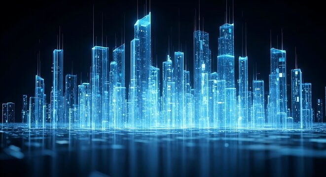 Futuristic cityscape with glowing blue skyscrapers rising from a reflective surface against a dark background, creating a digital and modern aesthetic.