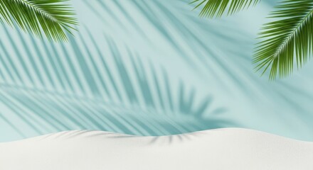 Palm fronds cast dappled shadows on a soft blue background, with a gentle curve of white sand in the foreground, evoking a serene tropical ambiance and summer vacation vibes
