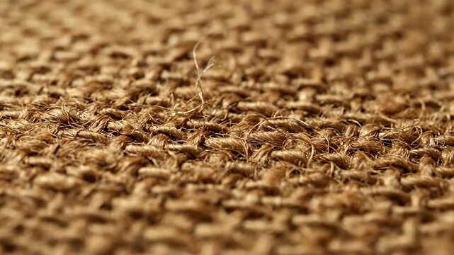 Close up macro photography of a textured brown burlap material. This burlap fabric is made from natural jute fibers, showcasing a distinct woven canvas design as it gently sways