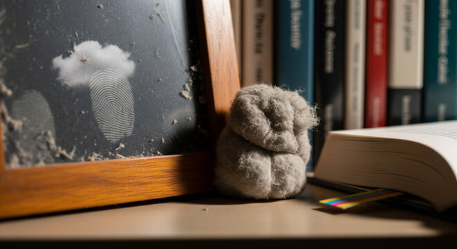 Large Dust Bunny Next to Dusty Photo Frame on a Bookshelf
A humorous, slightly unsettling close-up shot of a large, fluffy gray dust bunny resting prominently on a dusty shelf