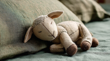 Soft plush lamb toy lies on a green bedspread, its eyes closed in peaceful slumber. Concept of childhood comfort and innocence