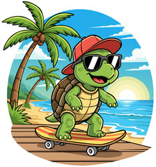 Tropical Beach Skater Turtle, A fun and colorful illustration of a turtle skating at a sunny tropical beach. Perfect for summer lovers, skateboarding fans, kids, and anyone who enjoys bright, cheerful