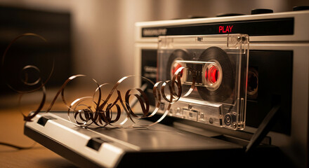 Torn Magnetic Tape Spilled from a Cassette in an Old Player
A highly atmospheric and dramatic close-up of a clear plastic cassette tape loaded into the open tray of a vintage tape recorder or player