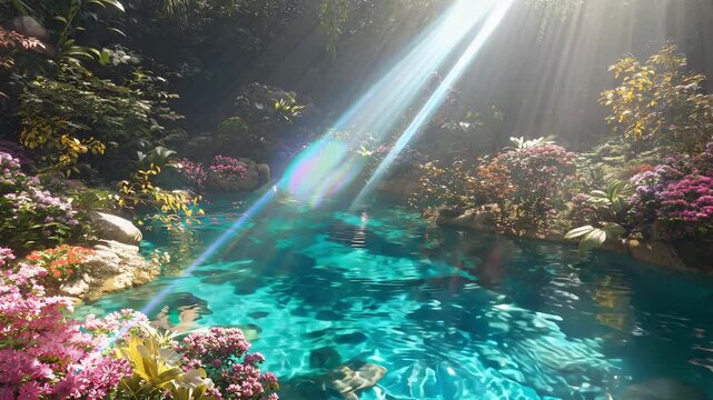 A tranquil pool enveloped in lush greenery and colorful flowers under warm sunlight filtering through the trees