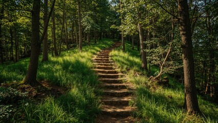 Fototapeta premium A forest trail with steps surrounded by trees and green grass. Nature and hiking concept. The pathway through the woods. The concept of outdoor exploration and natural scenery.