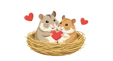 Two adorable hamsters sharing a heart in a cozy nest surrounded by love hearts