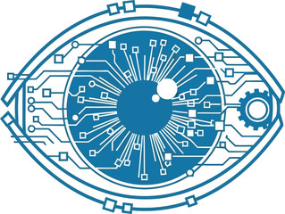 Cybernetic eye graphic symbol of futuristic technology and artificial intelligence with intricate circuits and a vibrant blue iris for digital concepts isolated on white background