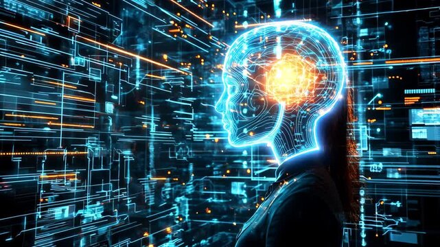 A digital representation of a human head filled with computer circuits and glowing elements showcases the blend of technology and creativity - Powered by Adobe