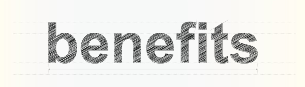 Hand drawn typography for the word benefits with clear technical drawing measurement guidelines