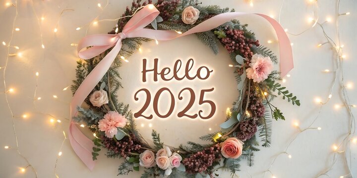 Festive new year wreath welcoming 2025 with lights and flowers