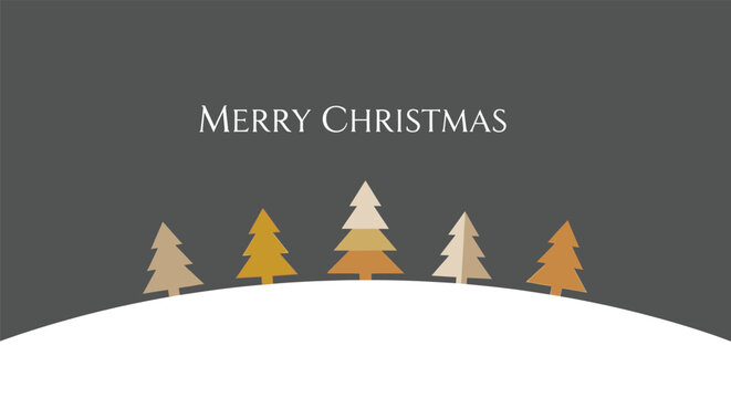 A modern minimalist vector illustration of stylized Christmas trees on a snowy landscape against a dark grey background for a holiday greeting card