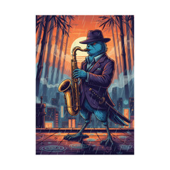 A stylish noir-themed bird character standing under city lights, dressed like a classic detective. This dramatic and atmospheric artwork is perfect for fans of noir movies, anthropomorphic characters,