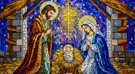 Colorful mosaic Nativity scene depicting the Holy Family and the Birth of Jesus. Christmas, religious illustration, holiday season greeting cards concept.