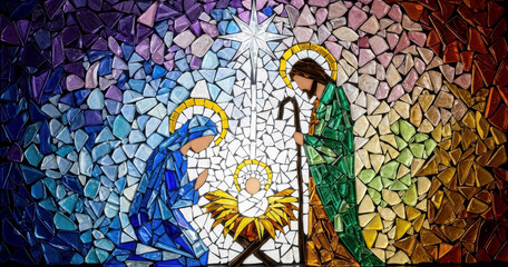 Colorful glass mosaic Nativity scene depicting the Holy Family and the Birth of Jesus. Christmas, religious illustration, holiday season greeting cards concept.