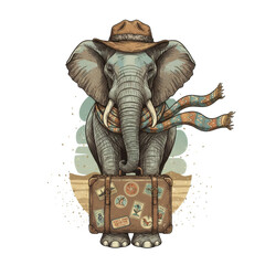 A charming elephant traveler carrying a vintage suitcase, dressed like a world explorer. Ideal for travel lovers, kids, cute animal fans, and adventure-themed apparel
