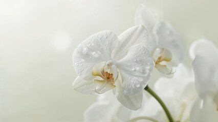 White orchid flower with water droplets on petals, close-up. Nature and floral beauty, botanical concept. The elegance of orchids and nature's delicate charm.